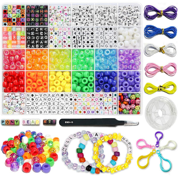 1300 kpl DIY lasten askarteluhelmet Ystävyysrannekorusarja, Ponihelmillä Kirjainhelmillä ja Joustavalla Narulla, Värikkäillä Riveillä, Käytetään Mukautettuun Kaulakoruun 1300pcs