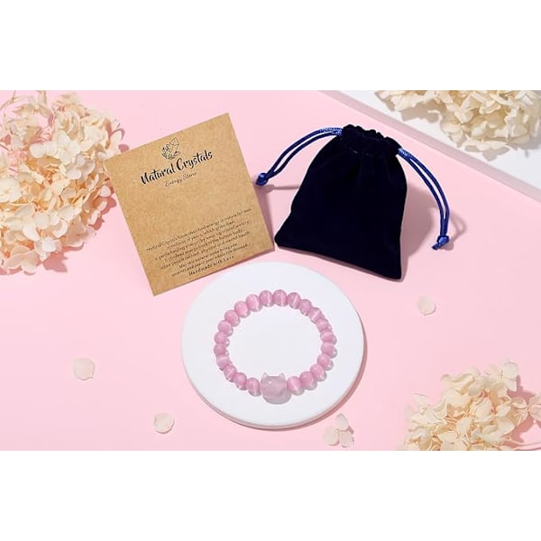 Katt Kristallarmband, Kattgåvor för Kvinnor, Damarmband, 8mm Pärlarmband Elastiskt, Damarmband Smycken, Söt Katt pink