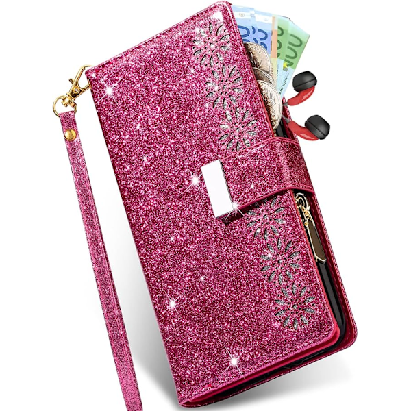Galaxy S22 Ultra Lompakkokotelo Naisille, Kimalteleva Glitter Pu Nahkainen Folio Käännettävä Jalusta Vetoketjutasku Magneettinen Lompakko Kotelo 9 Korttipaikalla