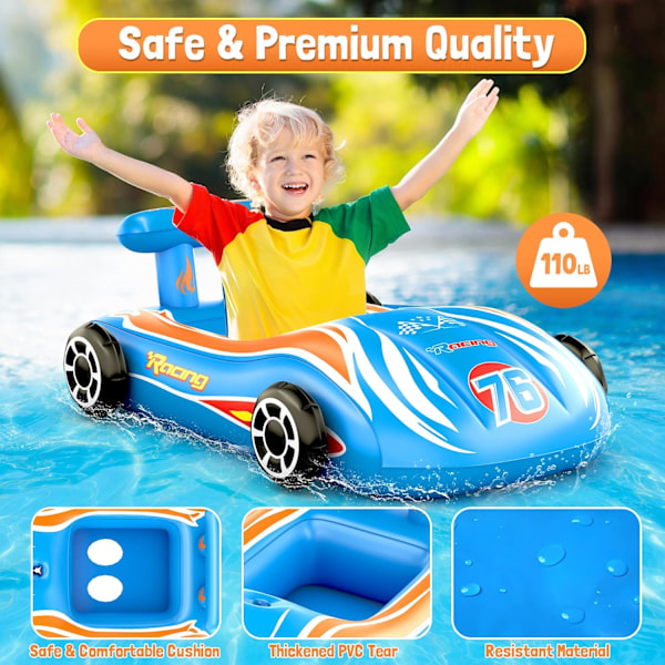 Oppustelig racerbil pool float med vandpistol - Sjov at ride på for børn i alderen 4 - 8, sommer udendørs swimmingpool legetøj til drenge og piger blue 47*10939cm