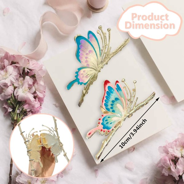 Sommerfugl hårklemme for kvinner, 2 stk store sklisikre sterke metall sommerfugl hårklemmer glitrende hold hårklemme A-Butterfly