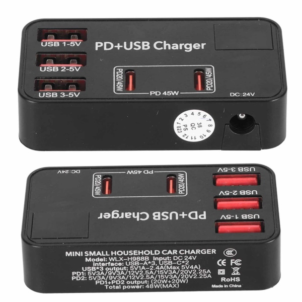 5-porttinen USB-latausasema 3 USB A 2 USB C 48 W:n minilatausasema 2 PD 20 W:n porteilla useille laitteille 100-240 V:n EU-pistokkeella
