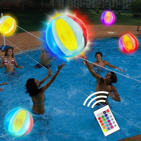 Ilmatäytteiset LED-valaisimet Beach Ball -kaukosäädin, 16 vaaleaa väriä palloallaspelit aikuisille, lapsille ranta-allasjuhliin