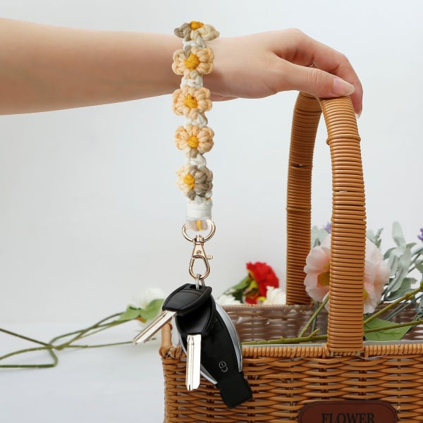 Macrame nyckelring handgjord handledsrem nyckel handledsband för nycklar söt blomma nyckelring nyckelring för kvinnor Multicolour4