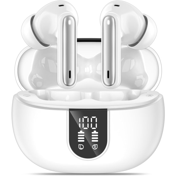 Langattomat nappikuulokkeet, Bluetooth 5.3 -kuulokkeet 40 tunnin toistoajalla, syvä basso, stereoääni, LED-virtanäyttö, puhelun melunvaimennuskuulokkeet mikrofonilla White