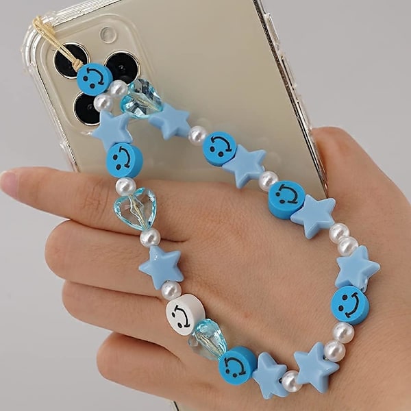 Pärltelefon handledsrem armband smiley ansikte pärlor handgjorda färgglada polymerlera akryl pärlor pärla telefon charm rem för kvinnor Grils Blue