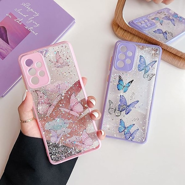 TPU-takakuori Samsung Galaxy A52 ja A52s 5G -puhelimille, läpinäkyvä glitter-nestesilikonikuori perhoskuviolla, naarmuuntumaton ja iskunkestävä