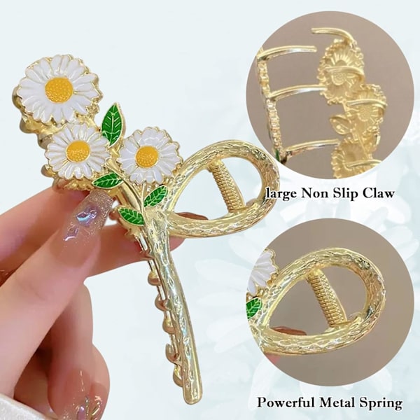 Blommiga hårklämmor klo 2 st för kvinnor Daisy blomma metall stor halkfri stark metall fjäril hårklämmor glittrande hålla hårkäftklämmor Flower-Daisy