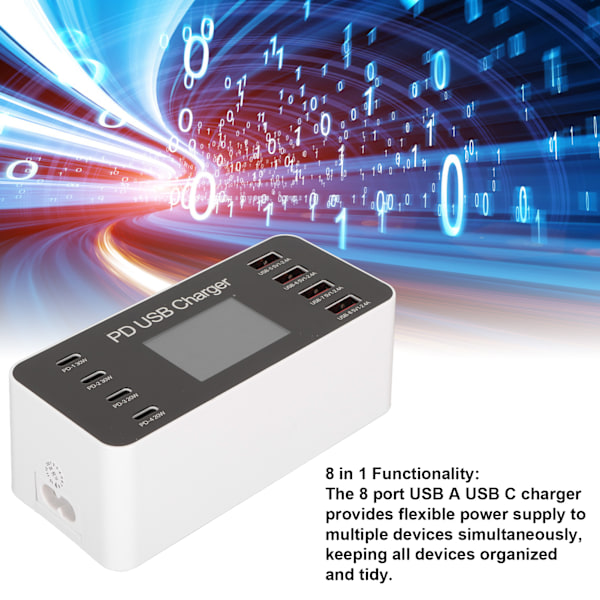 USB-ladestasjon 65W Hub 8 porter USB A USB C PD Rask multilading dokretsbeskyttelse 100‑240V for telefoner nettbrett EU-plugg