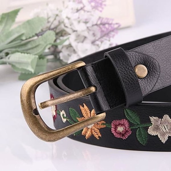PU-läder midjebälte för damer, avslappnat blommönster, broderad dekoration, mångsidigt mode retrobälte, svart, One Size