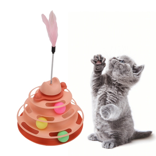 Cat Turntable Ball Toy 4 Level Interactive Kitten Track Roller Exercise Toy with Feather StickPink