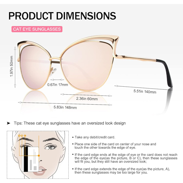 Trendy Oversized Solbriller for Kvinner Polariserte Cat Eye Søte UV400 Beskyttelse Gold