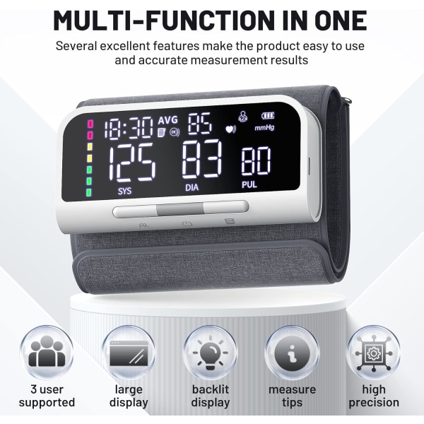 Blodtrycksmätare Automatisk överarmsmaskin & exakt justerbar digital BP-manschettsats Stor bakgrundsbelyst display 240 set Minne inklusive laddning