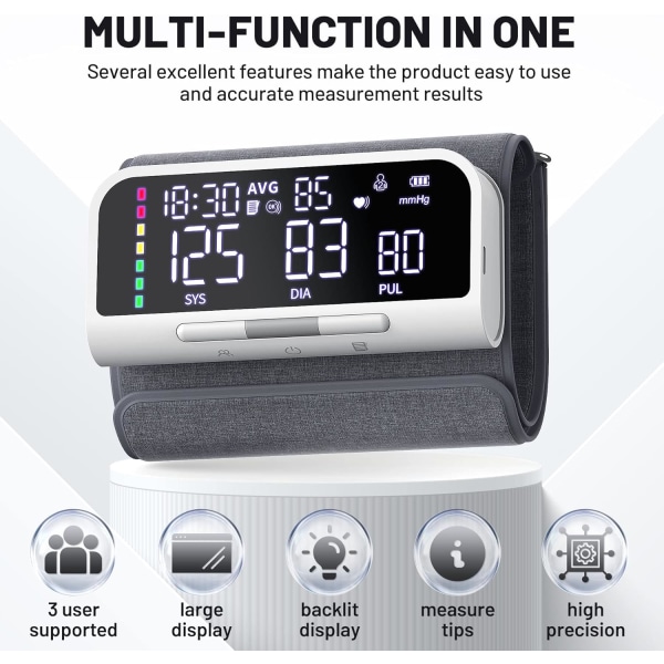 Blodtryksmonitor Automatisk Overarm Maskine & Nøjagtig Justerbar Digital BP Manchet Kit Stort Baggrundsbelyst Display 240 Sæt Hukommelse Inkluderer Opladning