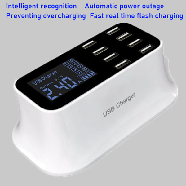 8-porters USB-ladestasjon Hurtiglading Port USB-ladestasjon med LED-skjerm for flere enheter Smarttelefoner Nettbrett 100-240V EU-plugg