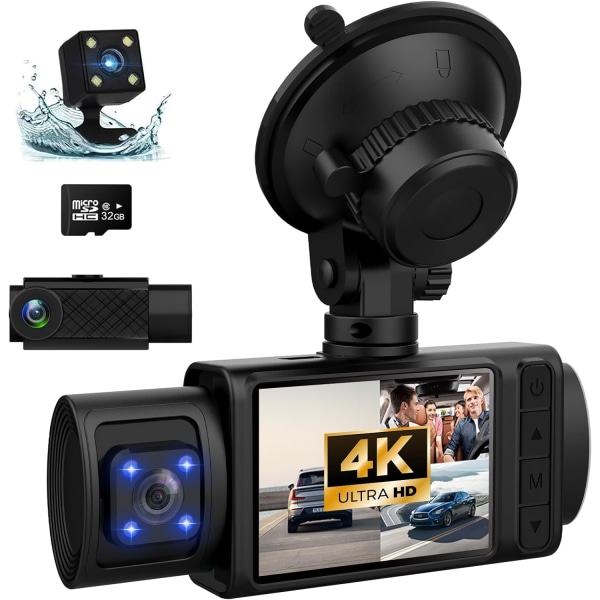 Dash Cam, 3-kanals Dash Cam, 4K+1080P Dash Cam foran og indvendig, Triple Dash Cam til bil, Dash-kamera med 32 GB-kort, 2160P Full UHD, G-sensor, 170°