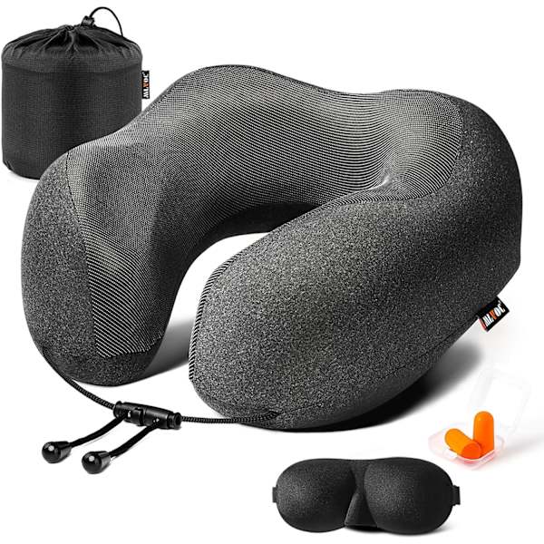 Rejsepude 100% ren memory foam nakkepude, komfortabelt og åndbart betræk, maskinvaskbar, flyrejsekit med 3D-formede øjenmasker, E