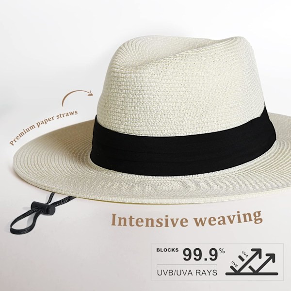 Naisten ja miesten leveälierinen olkihattu Panama Fedora kesäranta aurinkohattu UPF olkihattu naisille Cream White