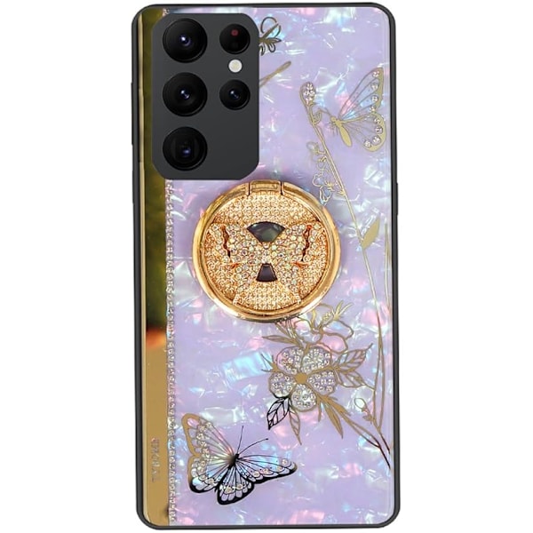 Galaxy S22 Ultra Fodral med Stöd, Sött Marmor Snäckskal Blommigt Fjäril med Ringstativ Elegant Stötsäkert Skyddsfodral för Gi