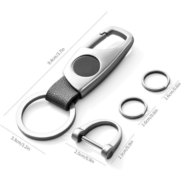 Karabinhage nøglering, nøgleringe til bilnøgle med 2 nøgleringe og anti-tabt D-ring, multifunktionelle nøgleringe til mænd og kvinder-sølv (gråt læder) Silver Grey Leather
