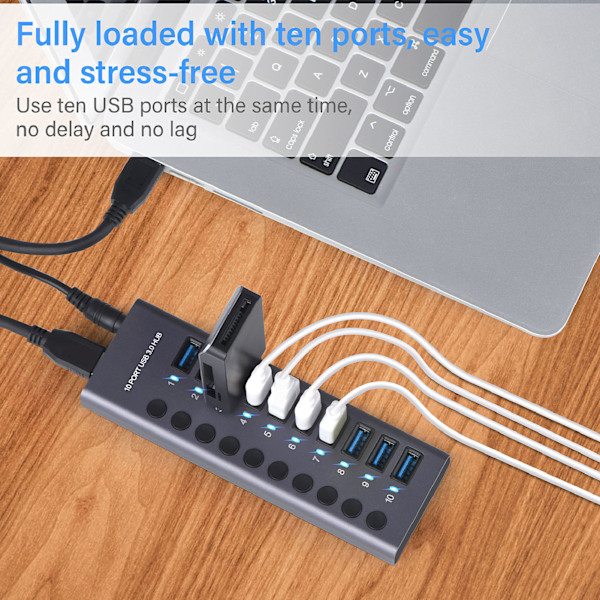 10-porters 60W USB 3.0-hub med individuelle strømbrytere LED-er i aluminiumlegering USB 3.0-dokkingstasjon 60W 12V 5A strømadapter 100-240V EU-plugg
