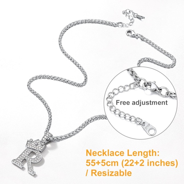 Krone Initial A-Z Halskjede, Iced Out Bokstavanheng med 22-24 Tommers Kjede, Menn Kvinner Bling Hip Hop Alfabet Navn Smykker Gave Store Initialer Halskjeder R Silver