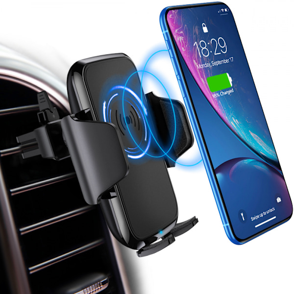 Trådløs Biloplader, 10W Hurtig Opladning Auto-fastspændings Bilholder, Vinduesbeslag Ventilations Telefonholder - (Sort) (En Styk)