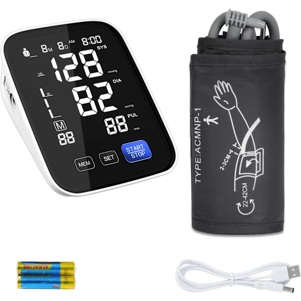 Automatisk blodtrycksmätare för överarm, 2 användare 2x90 minnen Digital blodtrycksmanschett med 4*AAA-batterier och DC-kabel