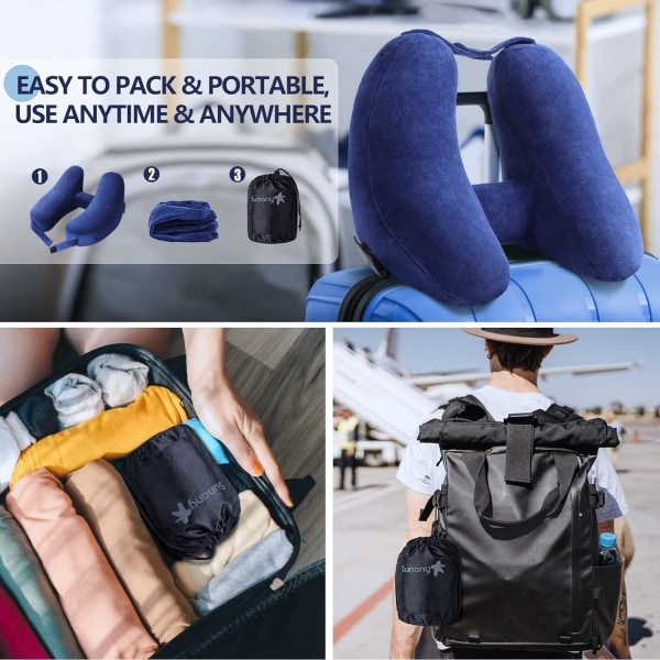 Nackkudde för resor Uppblåsbar flygplansdyna Stöder bekvämt huvud, nacke och haka, uppblåsbar resedyna med mjuk velouröverdrag, hatt, bärbar Blue with Hat
