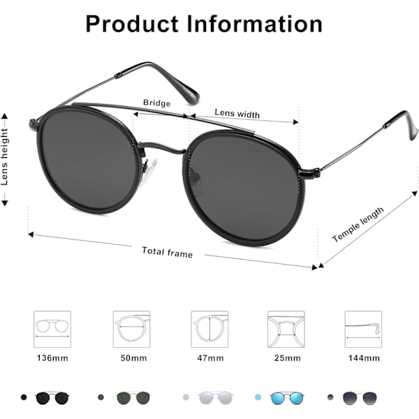 Retro pyöreät kaksoissiltaiset polarisoidut aurinkolasit naisille ja miehille Vintage Circle UV400 Sunnies SJ1104 Dark Black Grey