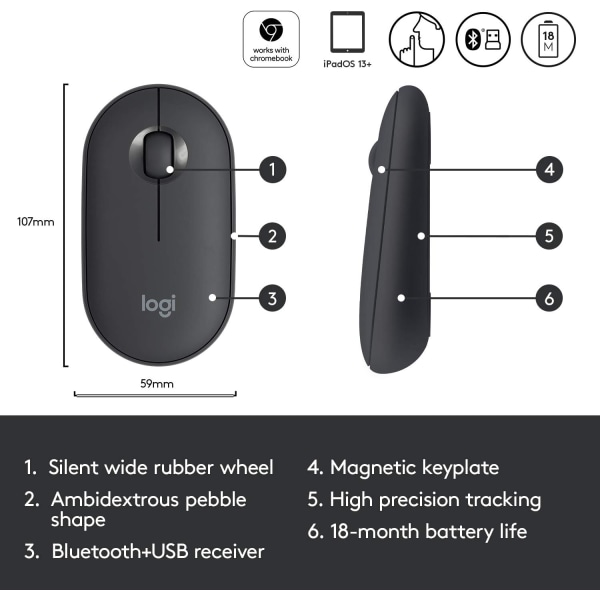 Logitech M350 Pebble trådløs mus med Bluetooth eller 2,4 GHz-modtager, lydløs, slank computermus med stille klik Black