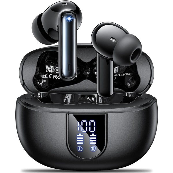 Langattomat nappikuulokkeet, 2023 langattomat kuulokkeet HiFi-stereokuulokkeet 4 ENC-kohinanvaimennusmikrofonilla, 42 tunnin toistoaika korvanappikuulokkeet, Bluetooth 5.3 urheilukuulokkeet Black