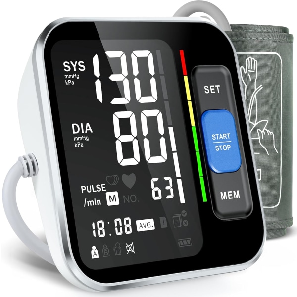 Blodtrycksmätare för hemmabruk Överarm, noggrann manschett 8,7"-15,7" monitor med stor bakgrundsbelysningsskärm 2 användare 240 set Minne & HR-detektering,