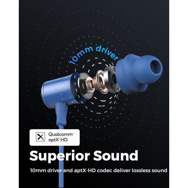 Q30 HD+ Bluetooth-hörlurar i örat stereo trådlösa 5.2 magnetiska hörlurar IPX5 svettsäkra öronsnäckor med mikrofon för sport, 10 mm drivrutiner, aptX-HD, 12 timmar Blue