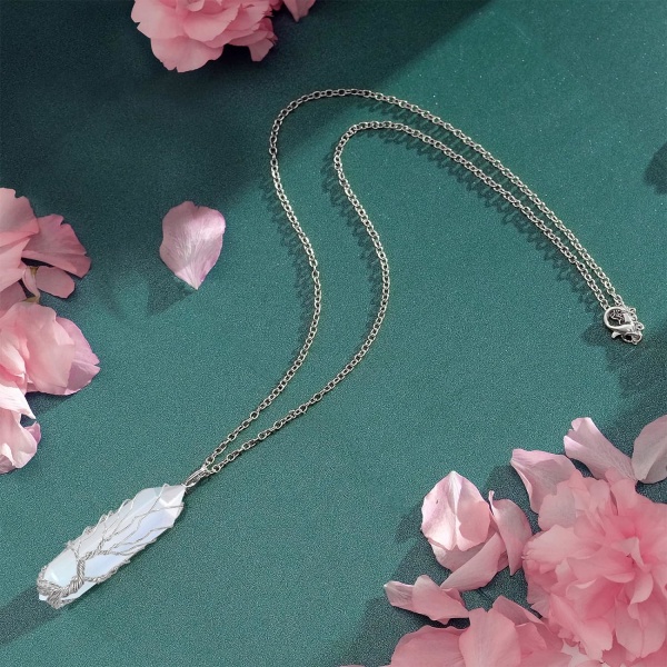 Helbredende krystalhalskæde Livets træ Wire Wrapped natursten spids vedhæng halskæde sekskantet Reiki spirituel kvarts ædelstens smykker til kvinder M Opal-Silver