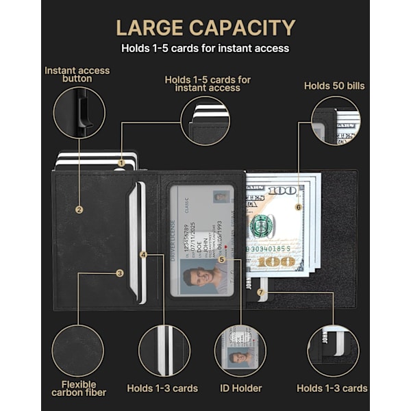 Herre pung kortholder: Pop-up aluminium etui, premium ægte læder, smart, RFID-blokering, slank, minimalistisk, forlomme - 9-14 kortkapacitet | I ‏‏‎ ‎‎Black