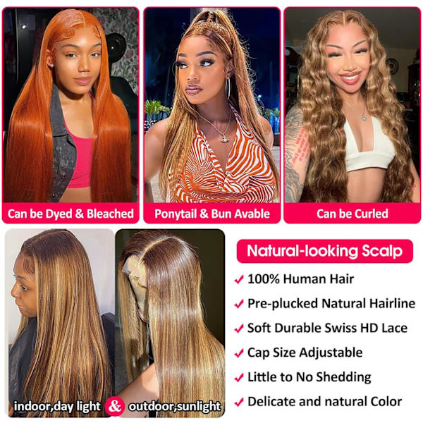 32 tommers Highlight Ombre Lace Front Parykk Menneskehår 180% Tetthet 13x4 Hd Transparent Lace Front Parykker Menneskehår Honningblond 4/27 Highlight Lace Front Frontal Ombre Highlight Wig 32 Inch