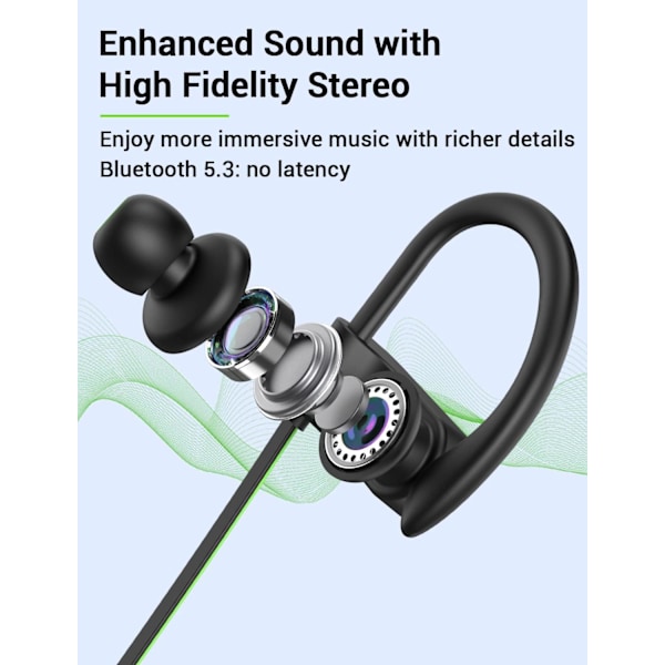 Bluetooth-hovedtelefoner, 5.3 trådløse sports-øretelefoner IPX7 vandtætte med mikrofon, stereo-svedsikre in-ear-hovedtelefoner, støjreducerende headset til fitnesscenterløb A,GreenBlack
