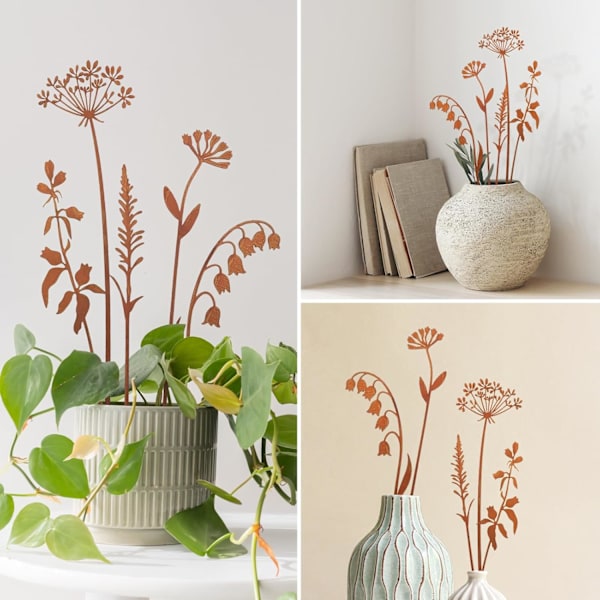 Blomsterpinnar i vittrad metall för utomhusdekoration - 5 unika växtsilhuetter för trädgård, gräsmatta och blomsterträdgård - Blommor 5x Flowers