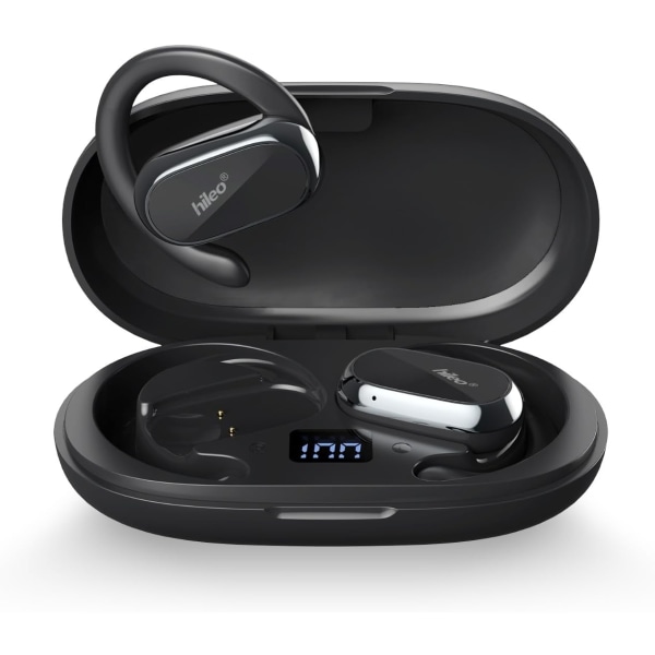 Åpne øre-hodetelefoner og ørepropper, åpen øre-design, langvarig batteri (48 timer), LED-skjerm, Bluetooth 5.3, Hi-Fidelity-lyd, ørekroker, svettebestandig Obsidian Black