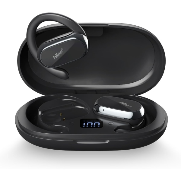 Hodetelefoner og ørepropper med åpne øre, design med åpent øre, batteri med lang levetid (48 timer), LED-skjerm, Bluetooth 5.3, Hi-Fi-lyd, ørekroker, svettebestandig Obsidian Black
