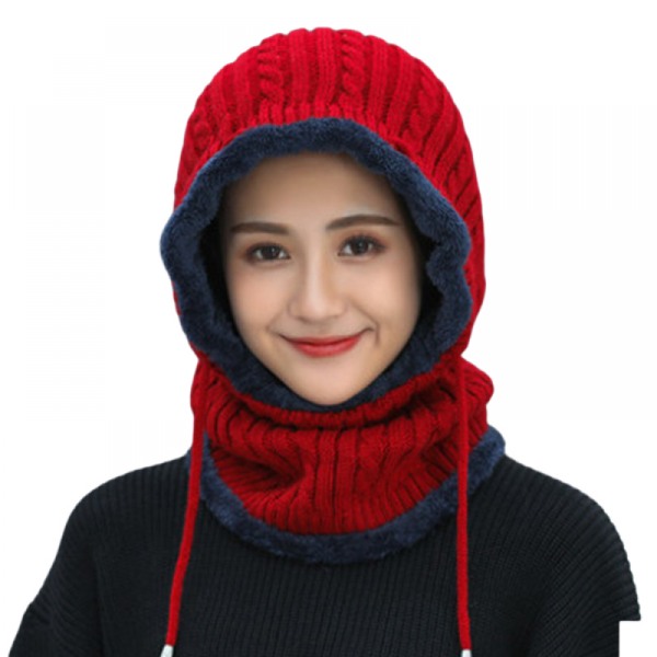 Ski Face Cover Vinter Beanie Hattar för kvinnor med luva i thermal fleece Stickad halsvärmare Vindtät Snood Face Cover Hatt marinblå