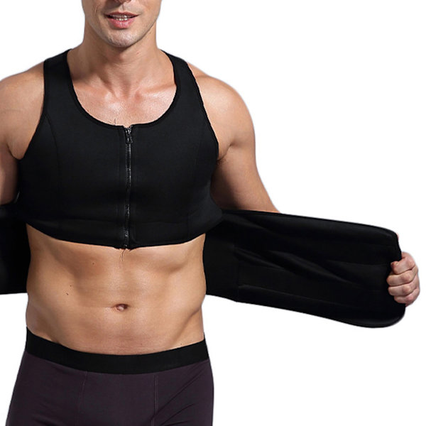 Mænd Taljetræner Lynlås Træning Sved Sauna Mave Kontrol Justerbar Bælte Body Shaper Vest til Gåtur Kørsel Løb Bodybuilding Sort L