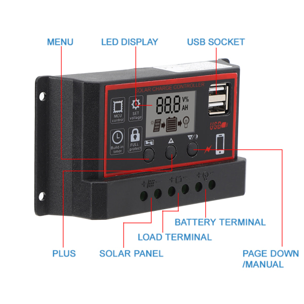 LCD Solcelle Laderegulator 5V /2.5A Dobbelt USB PWM Cellepanel Regulator Automatisk Identifikation 12V 24V50A