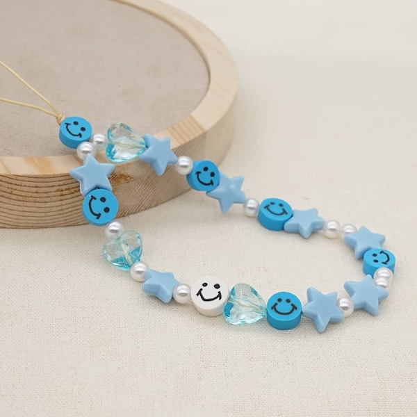 Pärltelefon handledsrem armband smiley ansikte pärlor handgjorda färgglada polymerlera akryl pärlor pärla telefon charm rem för kvinnor Grils Blue