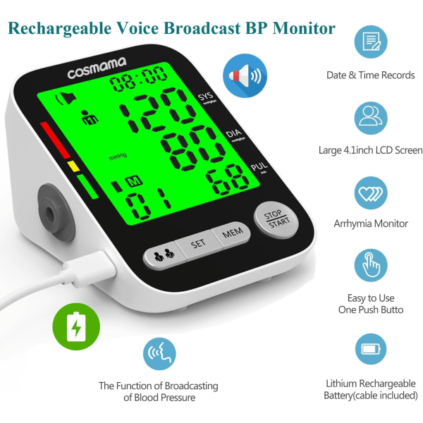 Blodtrycksmätare, automatisk blodtrycksmätare för hemmabruk, BP-mätare justerbar 16,5\" arm manschett, 4,2 tum stor display uppladdningsbar röst B