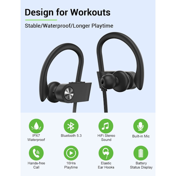 Bluetooth-hovedtelefoner, 5.3 trådløse sports-øretelefoner IPX7 vandtætte med mikrofon, stereo-svedsikre in-ear-hovedtelefoner, støjreducerende headset til fitnesscenterløb BlackGrey