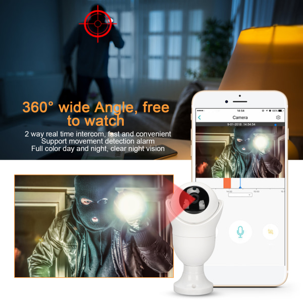 1MP WiFi Smart Camera 360 ° Trådlös 2 Way Talk Night Vision E27 lamphållare Kamera för hemmet