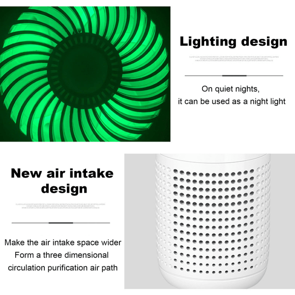 Billavluftrenser med duft, stillegående, fjerner røyk og støv, USB-strømforsyning, bærbar luftrenser med nattlys