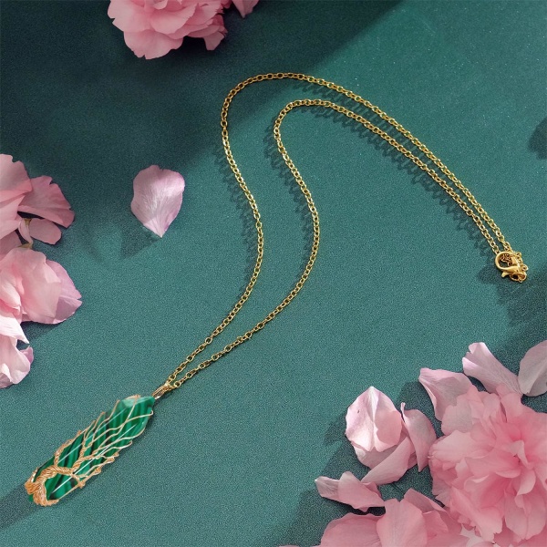Helbredende krystallkjede Livets tre Wire Wrapped naturlig stein spiss anheng kjede sekskantet Reiki spirituell kvarts edelsten smykker for kvinner M Malachite